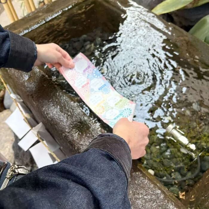 水みくじをお水につけている様子
